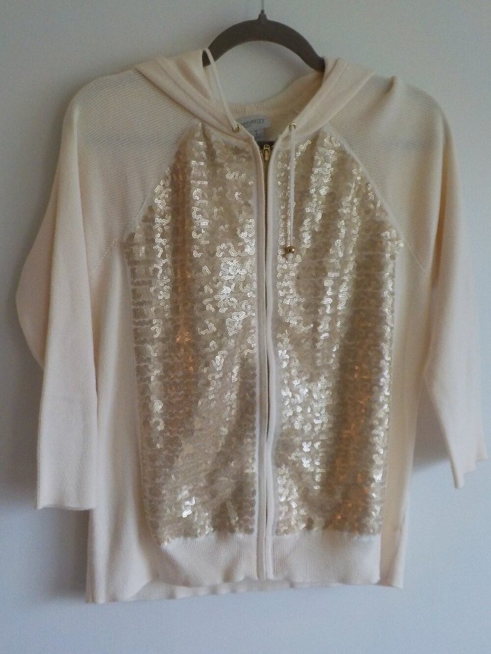 Chico's Zenergy Sweater - Size 1 (Small) - Off White Gold Sequin Hood Zip (2312)